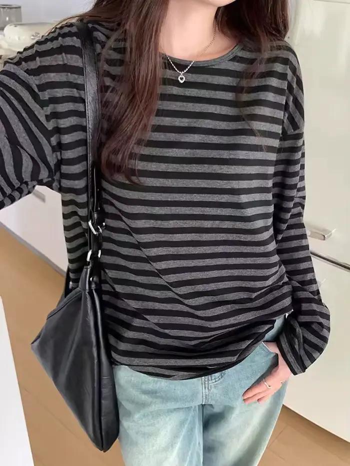 T-shirt rayé à manches longues et col rond pour Femme, haut surdimensionné, décontracté, Streetwear,
