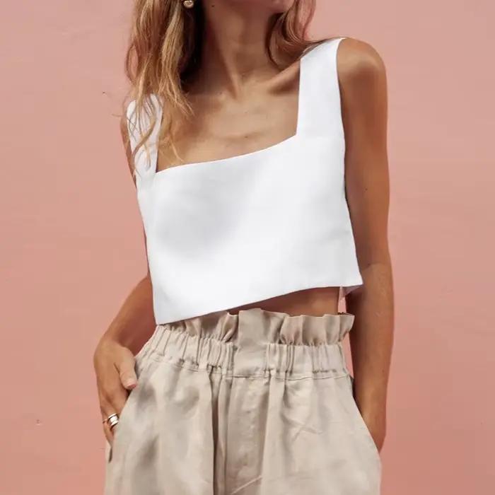 Crop top 100% lin français, couleur blanche, col carré vintage, sexy, sans manches, streetwear, top 