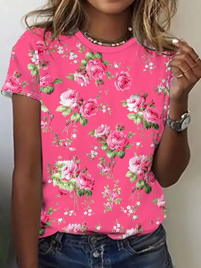 T-shirt pour femme - Motif floral rose, design classique romantique de jardin pour un usage quotidie