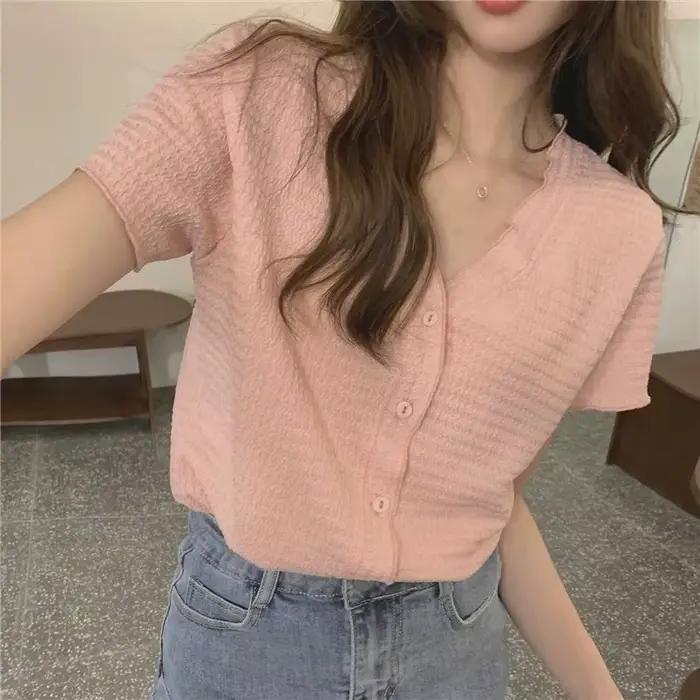 Chemises monochromes à col en V pour femmes, style coréen pour dames, simple boutonnage, design assr
