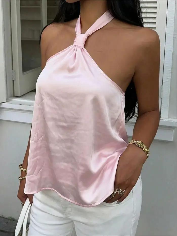 Haut de mode pour femme à imprimé pois, style licou avec nœud, motif à pois ronds, vêtement supérieu