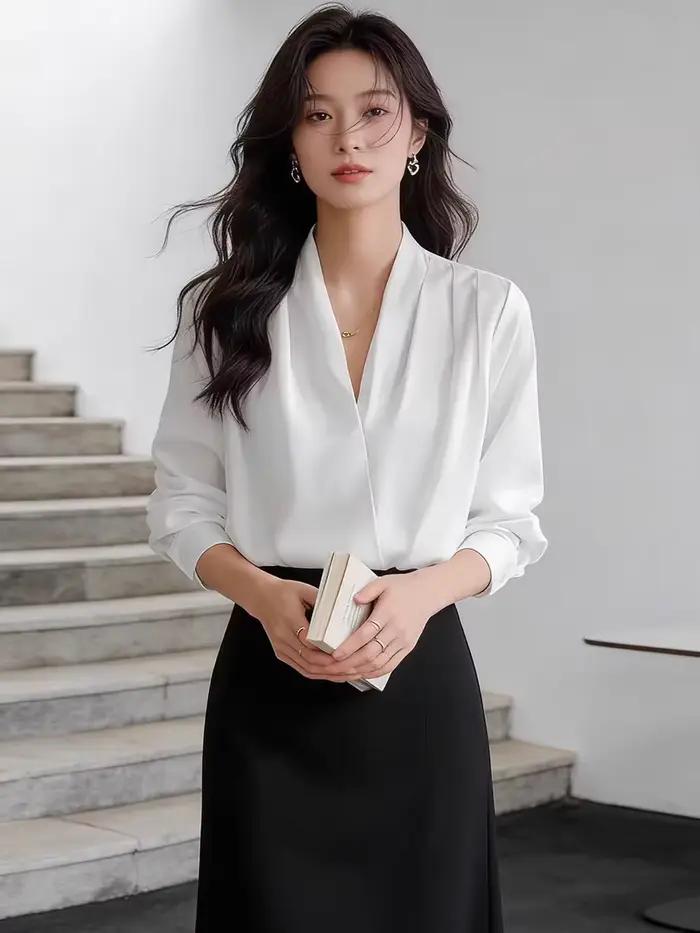 Chemisier élégant pour femme, style coréen, col en V, manches longues, pull-over, vêtements de burea
