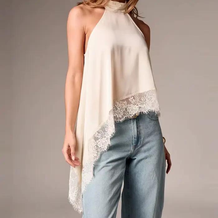 Tops sans manches pour femmes, style vintage, en dentelle sexy, dos nu, slim, uni, col halter, ourle