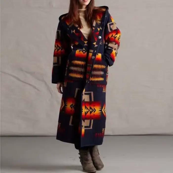 Femmes Mode Ethnique Style Boho Imprimé À Capuche Long Manteau adt Outwear Match Couleurs Plus La Ta