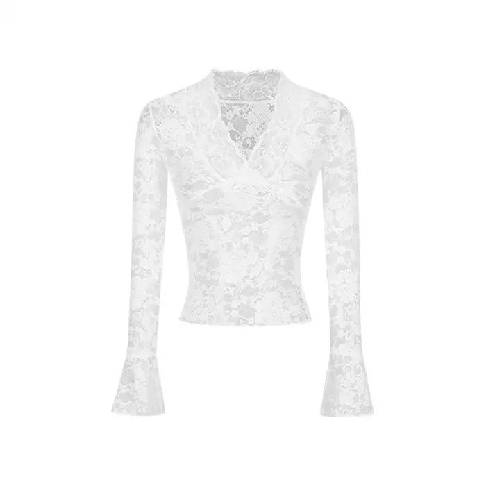 Sexy col en v transparent T-Shirts mode femmes Flare à manches longues printemps dentelle mince pull