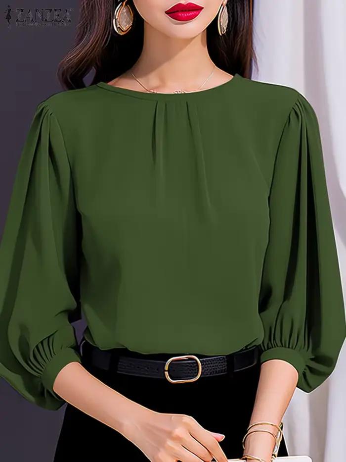 ZANZEA femmes élégant 3/4 lanterne manches solide Blouse décontracté bureau travail hauts femme ampl