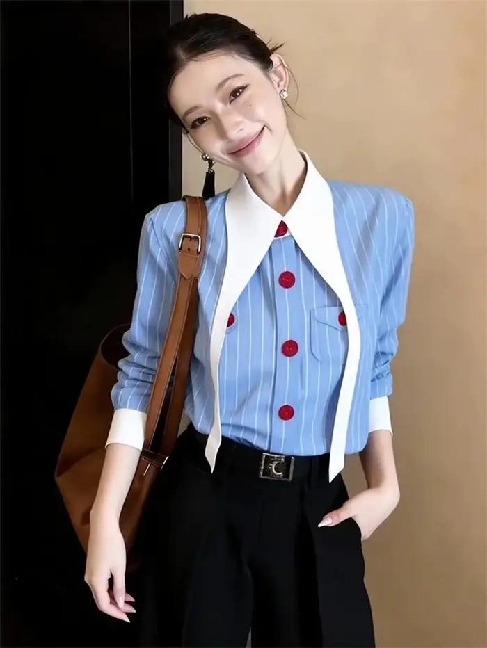 Chemisier élégant et unique à rayures bleues pour femme, respirant, style printemps-automne, coupe a