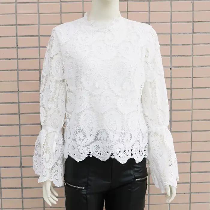 Chemisier Brodé Élégant en Dentelle Ajourée pour Femme, Chemise Sexy à Pétale, Pull à Manches sulf, 