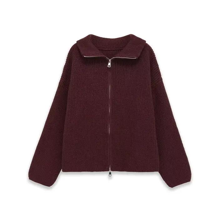 Pull tricoté ample à manches longues avec col zippé, style élégant, en fibre de polyester, effet 3D,