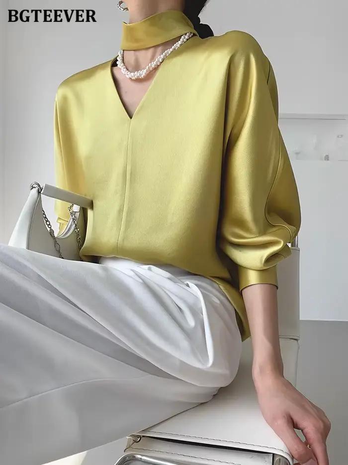 BGTEEVER – chemisier en Satin à manches longues pour femme, élégant, col en v, couleur unie, printem
