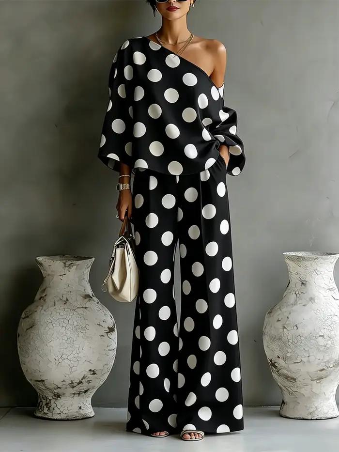 Ensemble 2 pièces à pois pour femme : Blouse asymétrique et pantalon large – Tenue décontractée et é