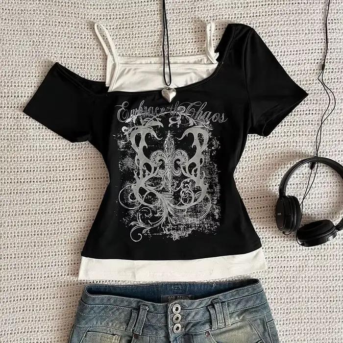 T-Shirt Punk Vintage des années 90 pour femmes, Streetwear d'été, Sexy, manches courtes, gothique, S