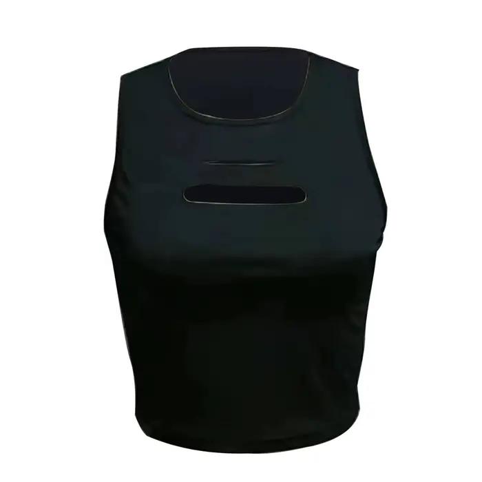 Débardeur Femme Printemps-Été Noir Col Rond Sans Manches avec Double Découpe Poitrine Coupe Slim Chi