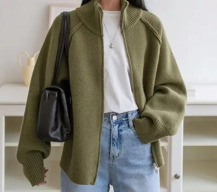 Cardigan en maille zippé pour femme, col montant, couleur unie, nouveau style automne-hiver 2026