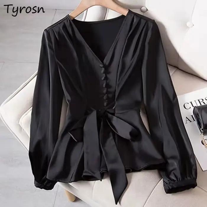 L-4XL Chemisiers Femmes Élégant Solide Noir Col En V Conception Bouton Noeud Chemises High Street Mo