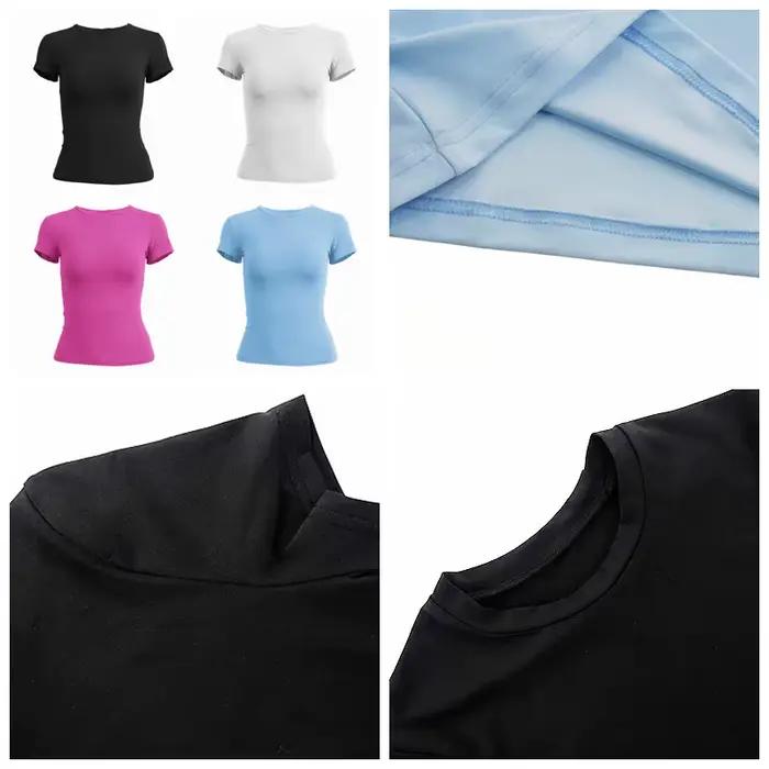 Femme vêtements à manches courtes T-shirt coupe ajustée hauts femme col rond tricoté gaine T-shirt v