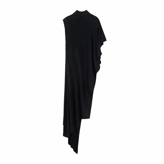 Haut asymétrique chic pour femme, élégant, noir, à col montant, long, tendance printemps-été, style 