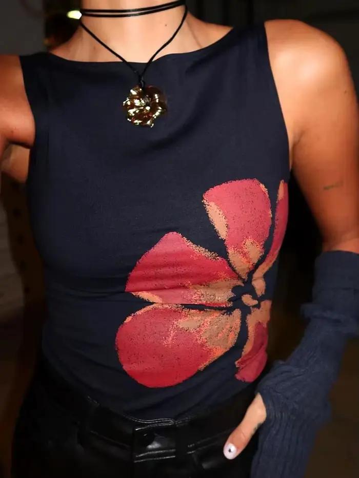 Débardeur court sans manches pour femmes, nouvelle mode, imprimé floral, col bateau, hauts d'été pou