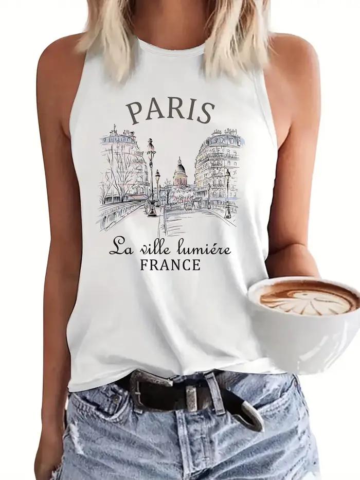 Paris Design T-shirt imprimé gilet imprimé graphique débardeur femme sans manches col rond haut déco