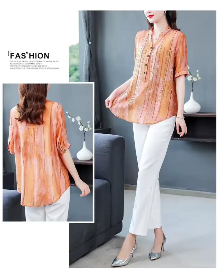 Haut en mousseline de soie imprimé pour femme, T-shirt mince, col en V, orange, grand anciers imprim
