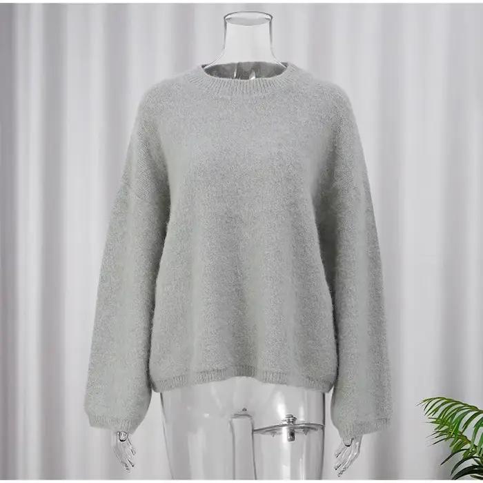Pull gris épais pour femme, haut en tricot polaire brossé, confortable, haut de gamme, doux, chaud, 