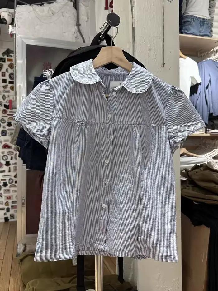 Bleu rayé mince T-Shirt Blouse femme été col claudine simple boutonnage à manches courtes T-Shirt do