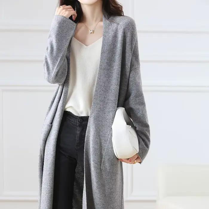 Cardigan en laine à col en V pour femme, pull 100% laine, monochromatique, mode féminine, long, tric