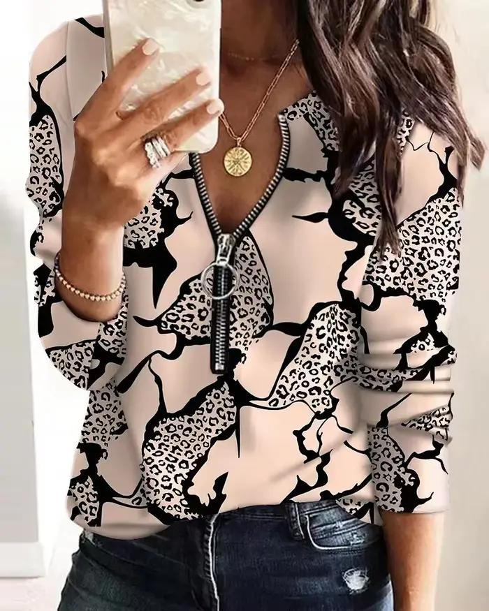 Chemisier femme visage lettre impression fermeture éclair manches longues décontracté Sudaderas Con 