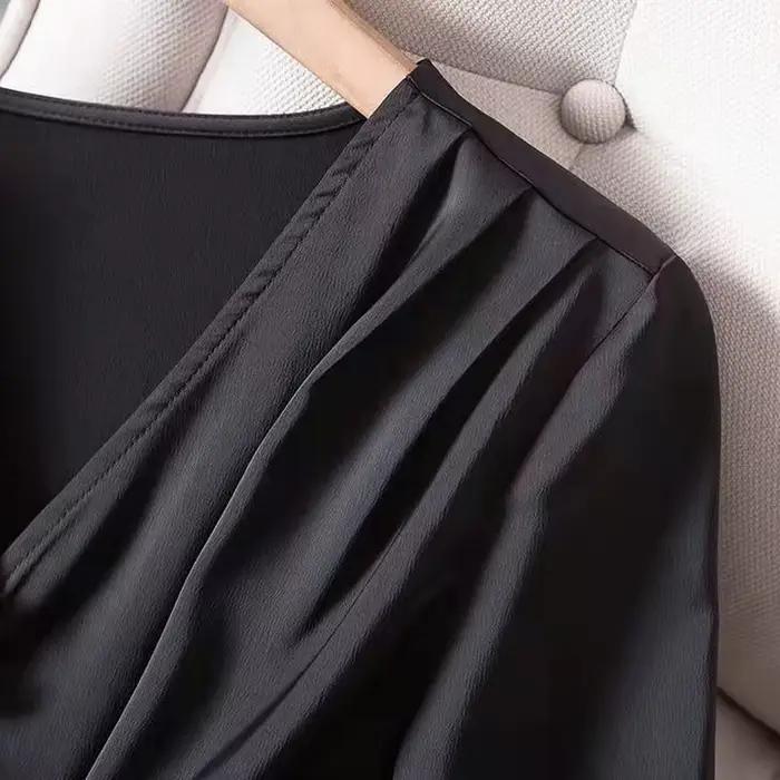 L-4XL Chemisiers Femmes Élégant Solide Noir Col En V Conception Bouton Noeud Chemises High Street Mo
