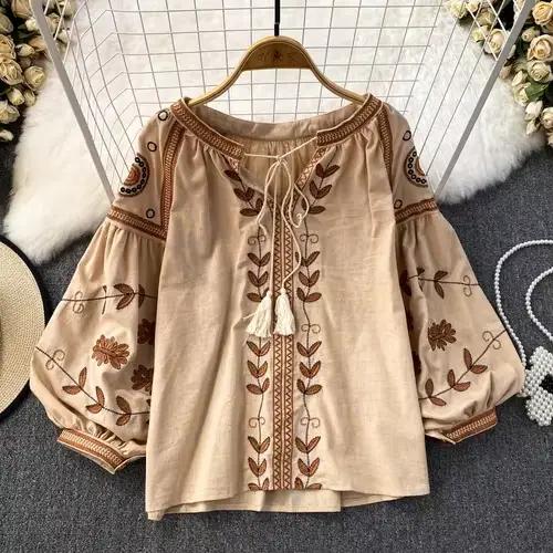 Chemisier à manches lanterne pour femme, col rond, broderie florale, style ethnique, livraison direc