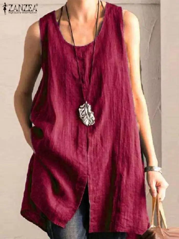 ZANZEA-Débardeur à ourlet fendu pour femme, chemise en coton, mode d'été, vintage, solide, chemise d