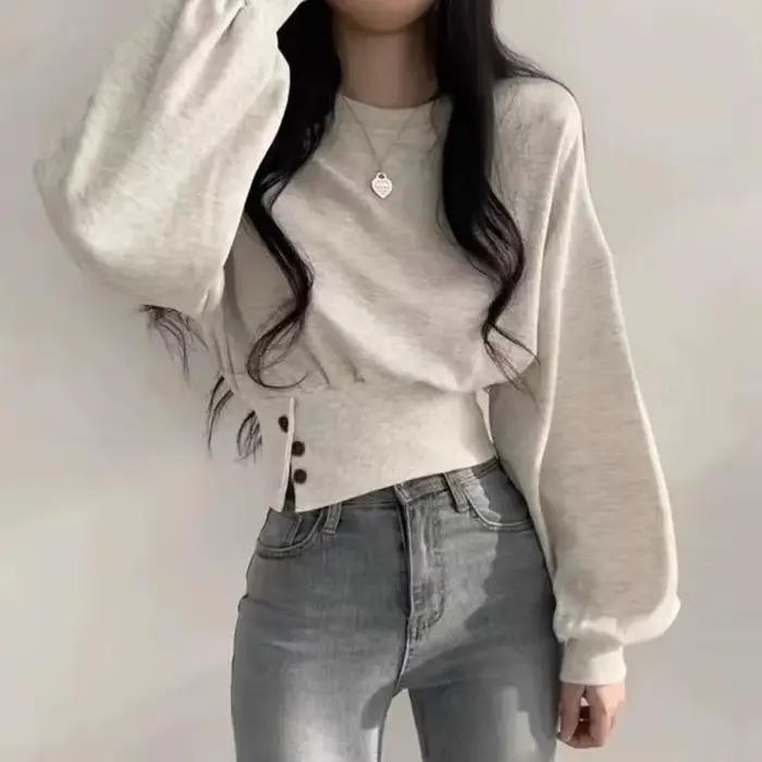 Haut court à col rond pour femme, couleur unie, manches lanternes, avec boutons, pull sportif Hip-Ho