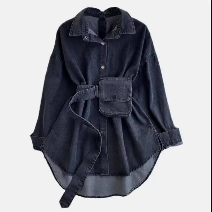 Chemises en jean pour femmes, chemisier lavé, vêtements d'extérieur, vestes, sangle, sac de taille, 