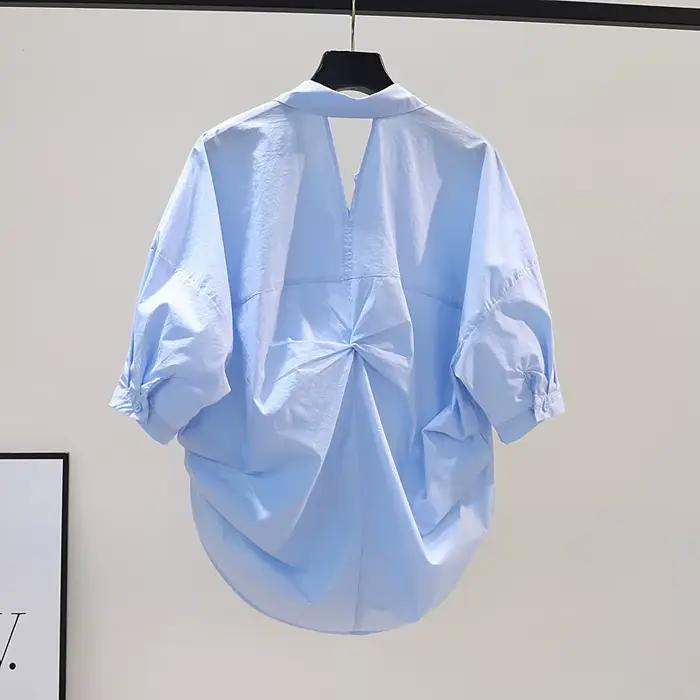 Haut court en coton plissé à manches courtes pour femmes, chemise bleue, chemisier blanc sauvage, ch