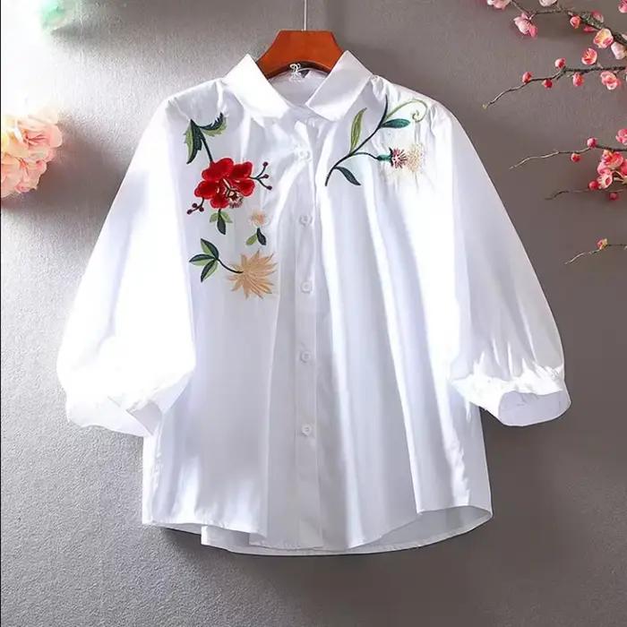 Chemise brodée pour femme, chemisier artistique blous rétro, cardigan à revers, vêtements de loisirs