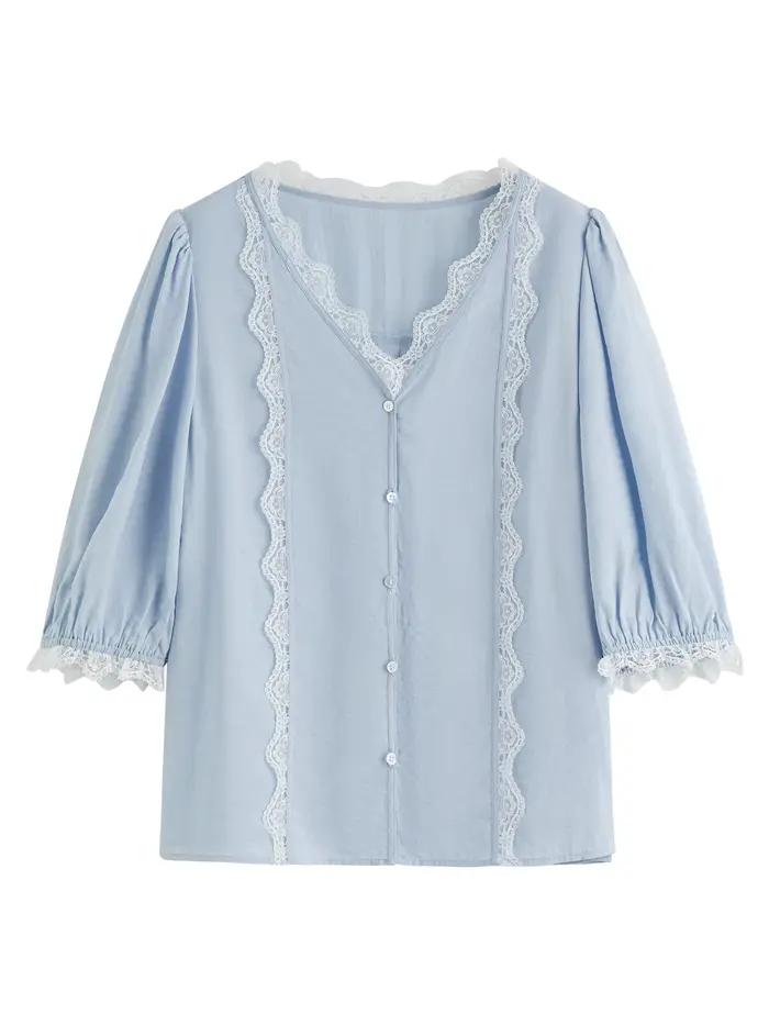 FSLE 2025 Chemisier d'été à col en V en dentelle artisanale pour femme - Design romantique bleu mari
