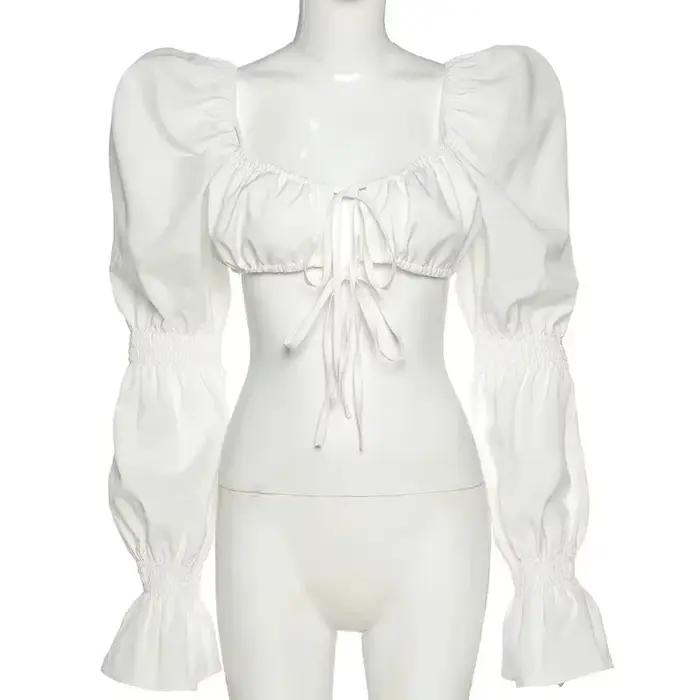 Hauts et chemisiers blancs pour femmes, manches longues bouffantes, col carré, crop tops à nouer, ch