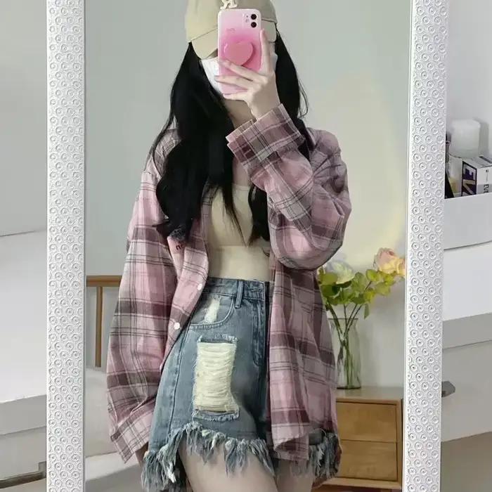Chemisier à carreaux à manches longues pour femmes, chemise à carreaux, vert, rose, mode coréenne ba