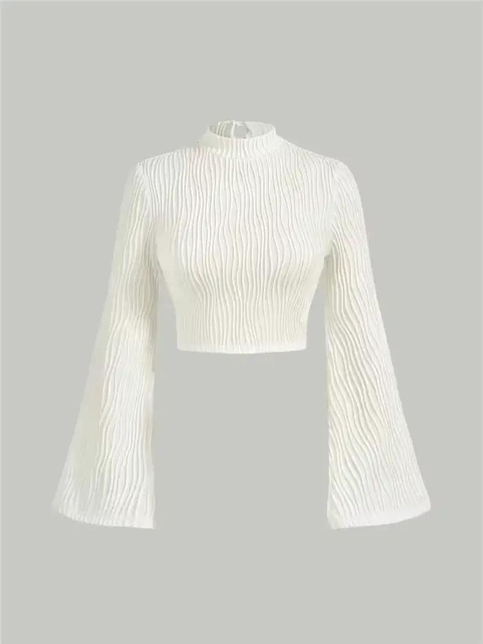 Femmes texturé col montant évasé à manches longues haut court automne hiver élégant Style Preppy Y2K