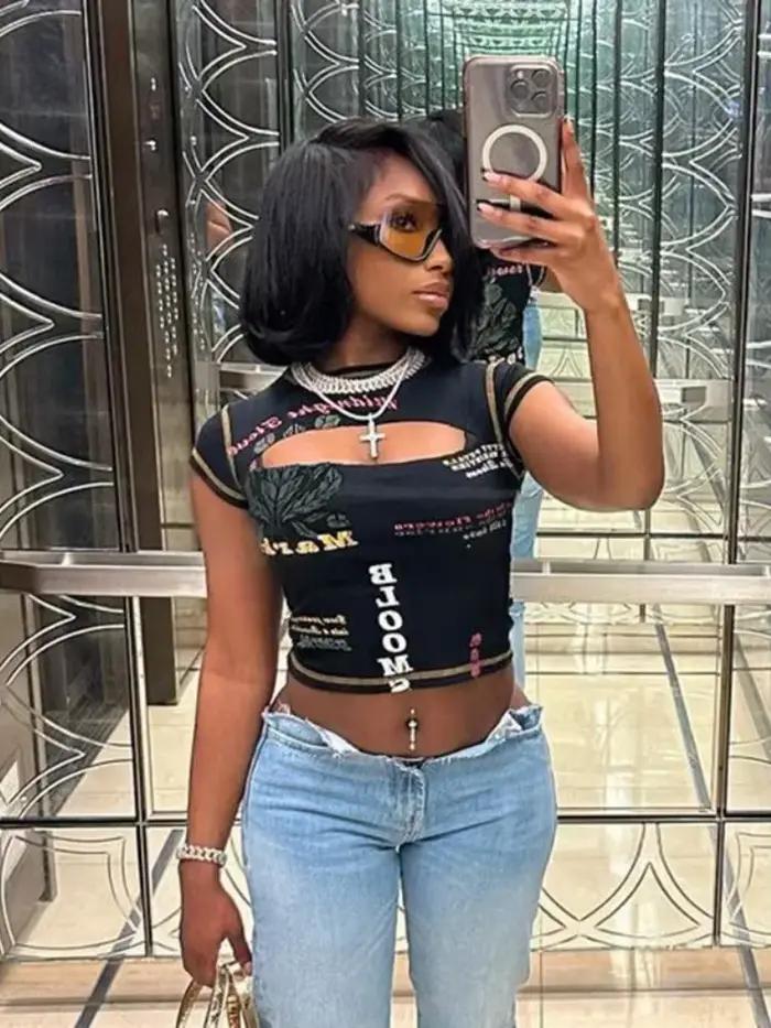 Haut court ajouré pour femmes, vêtements esthétiques d'été imprimés, accessoires Y2k, col rond, Sexy