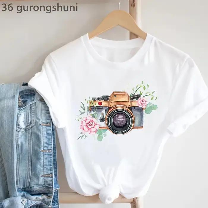 Vintage T-Shirt Femmes Caméra Oiseau Tshirt Femme Mode D'été À Manches Courtes T-Shirt Femme Casual 