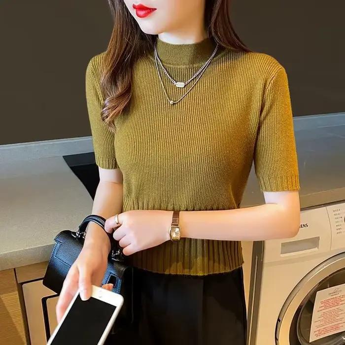Pull en cachemire peigné à col mi-haut pour femme, manches mi-longues, pull court, printemps, été, n