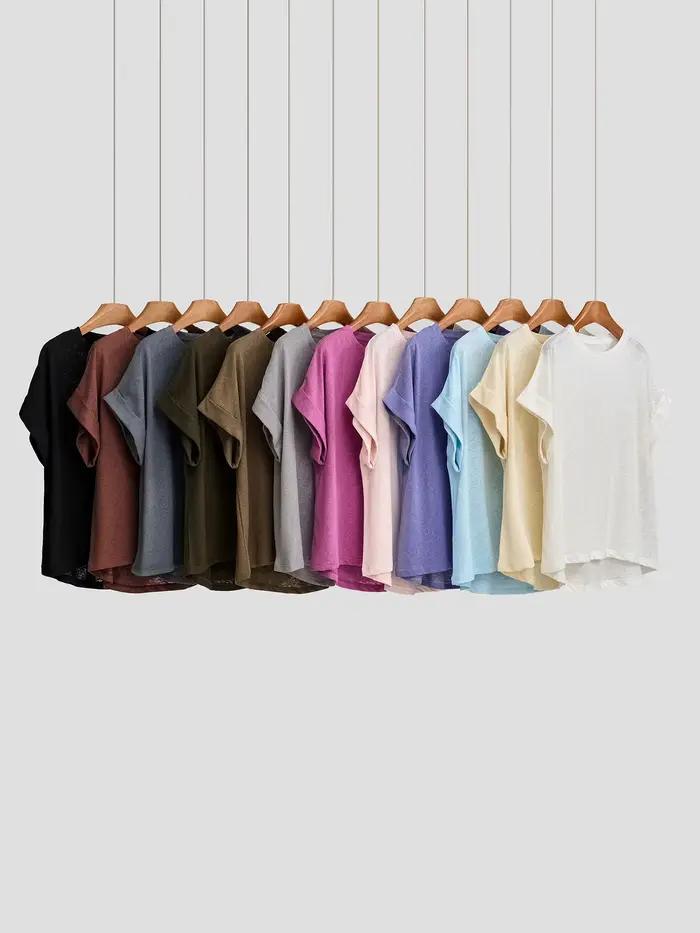 T-shirt femme à manches courtes en coton et lin, col rond, coupe oversize, style dolman, uni, printe