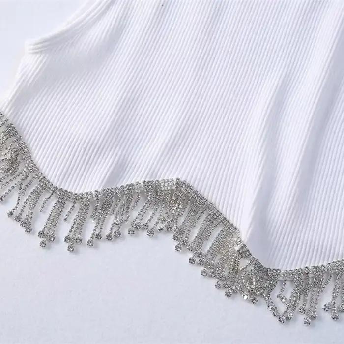T-shirt à tricoter en perles de diamant pour femmes, débardeurs courts Chic Camis, gilet mince, haut