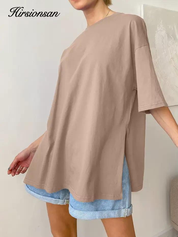 Hirsionsan été surdimensionné coton t-shirt femmes 2023 nouveau ample solide fendu t-shirts décontra
