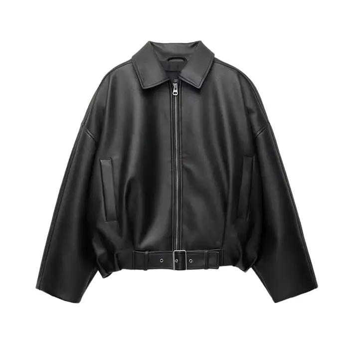 Vestes bombardier Vintage en cuir PU pour femme, manteau avec fermeture éclair, revers, manches long