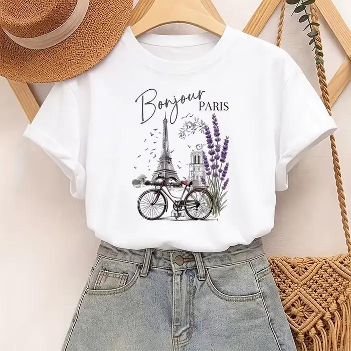 T-shirt à manches courtes imprimé « Bonjour Paris » tendance 2026 – Vêtement décontracté pour femme 