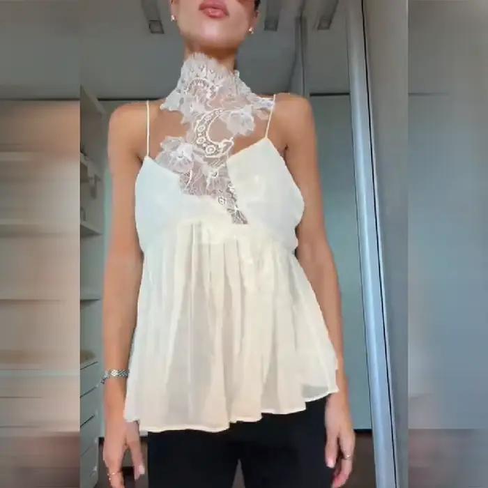 Chemisier sans manches pour femme, tendance, col en dentelle, bretelles spaghetti, décolleté plongea