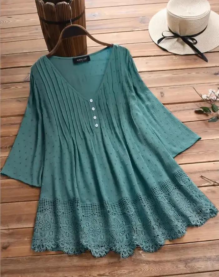 2026 femmes coton lin Blouse hauts mode dentelle évider col en v chemise dames rétro 3/4 manches amp