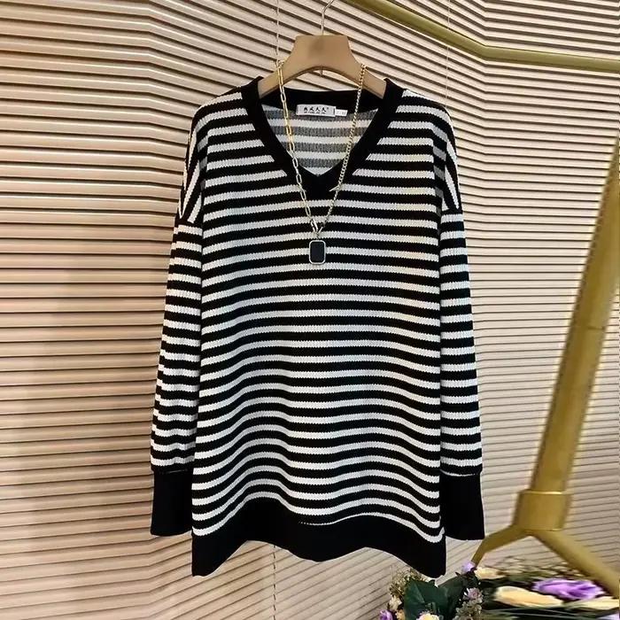 T-shirt à manches longues et col en V pour femmes, pulls épissés à rayures basiques coréens, vêtemen